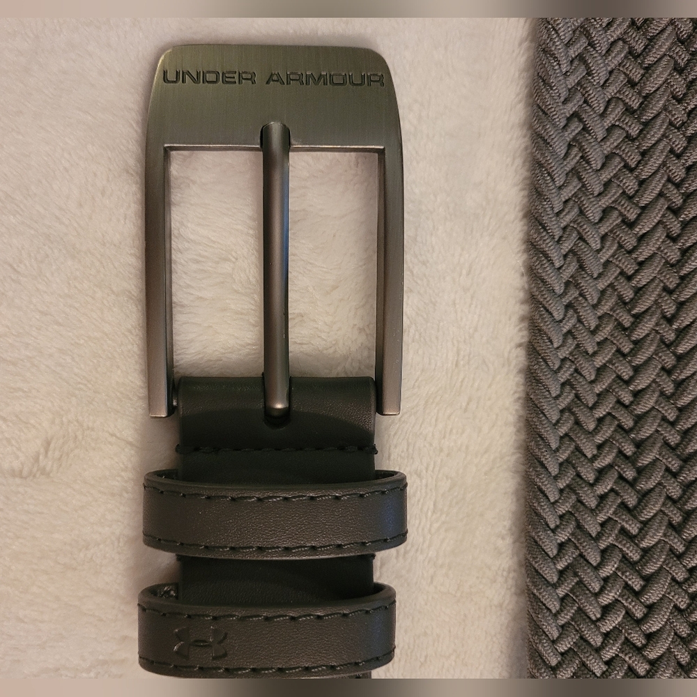 Under Armour braided belt Charcoal gray black leather ends steel hardware EUC